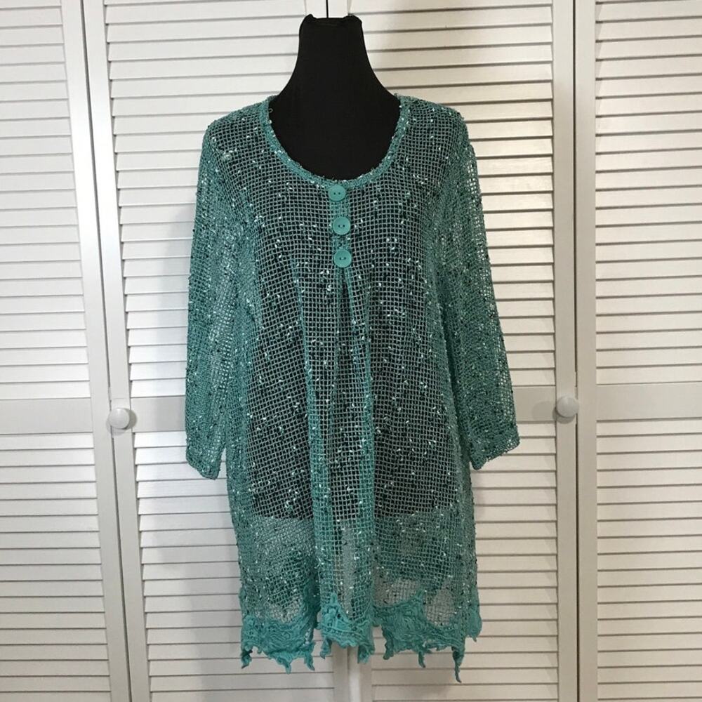 Blair Boho Aqua Blue Artsy Layering Fishnet Mesh Lace Hemline Tunic Blouse XL